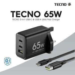 TECNO 3-In-1 USB-C & USB-A Ultra Fast Charger 65W (U60T) - Black
